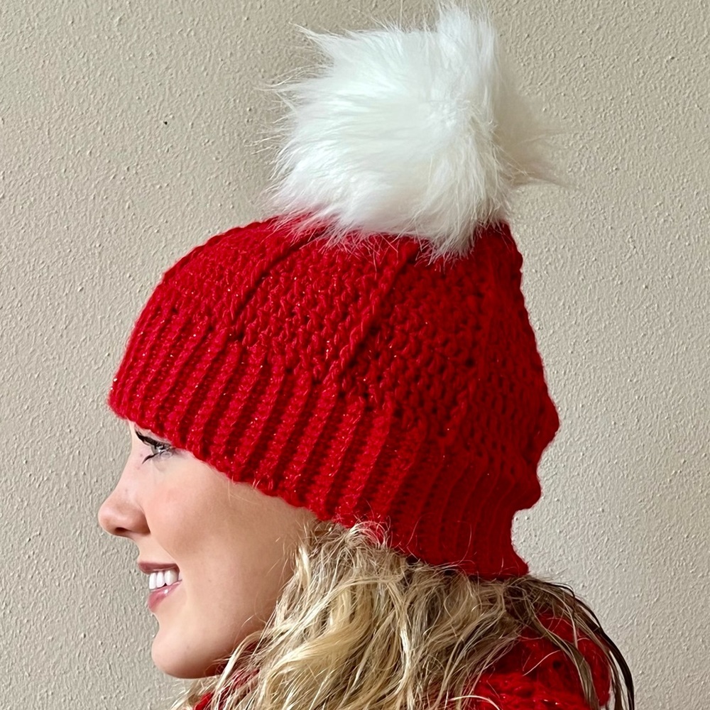 Hand-Crocheted Red Winter Beanie Hat with White Faux Fur Pom